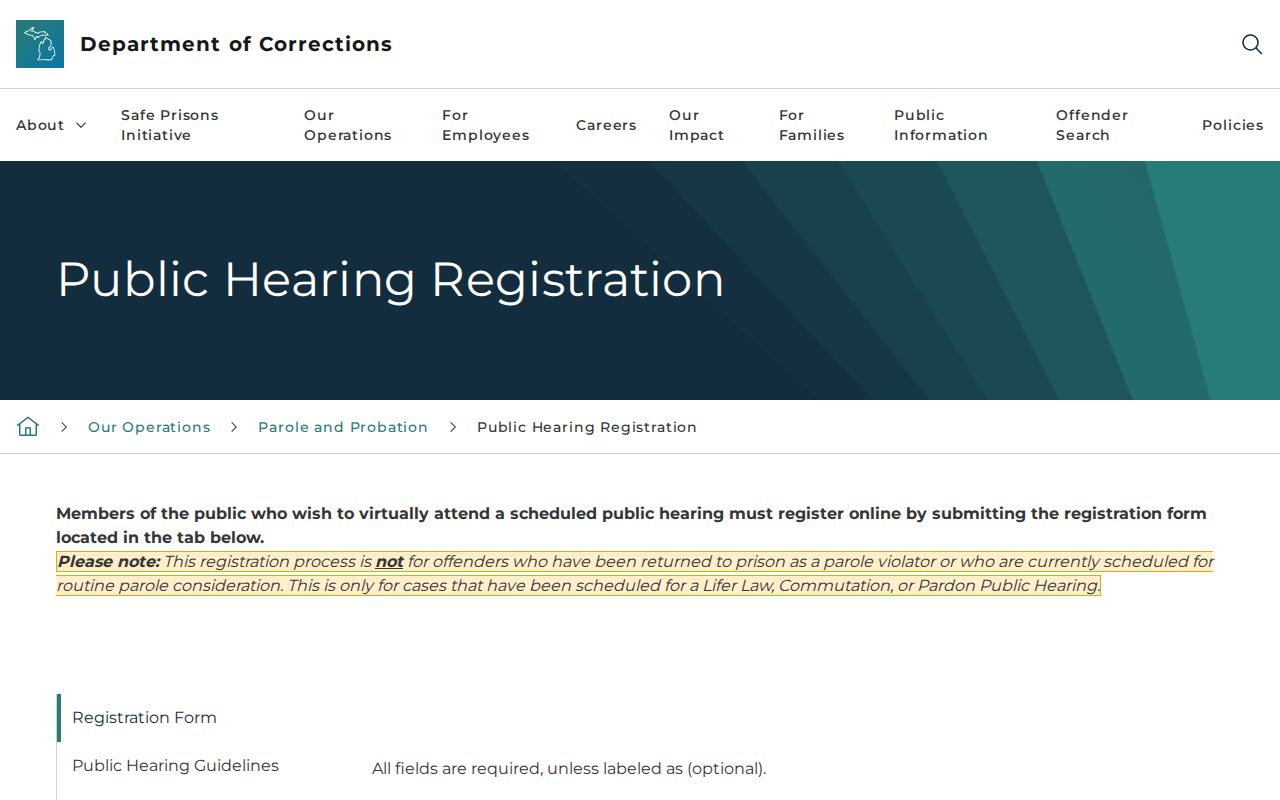 Iosco County parole hearing public registration page