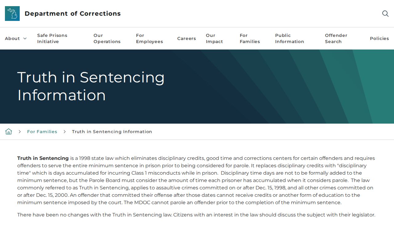 Iosco County projected release date Michigan Truth in Sentencing rules